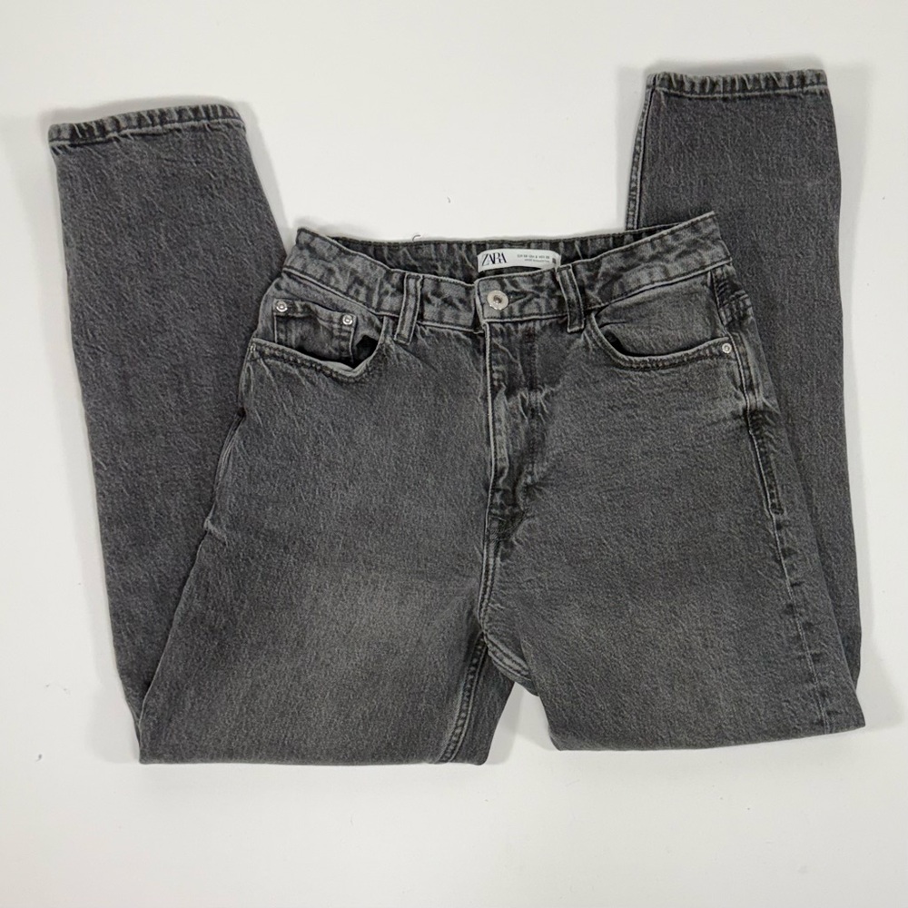High Rise Tapered Mom Zara Gray Black Wash Cotton Jeans Size 6
